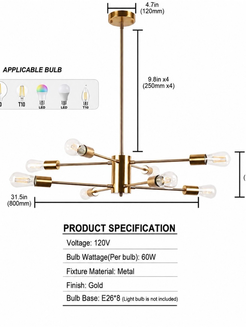 Gold Modern Sputnik Chandelier - 8-Light Metal Pendant